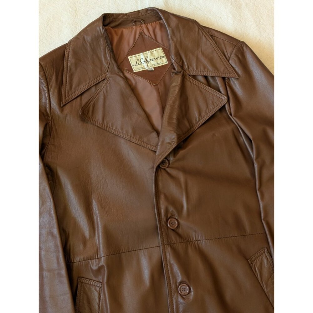 Vintage 70s Brown Leather Overcoat L.S Ayres Men's Classic Trench Size 46 Reg.